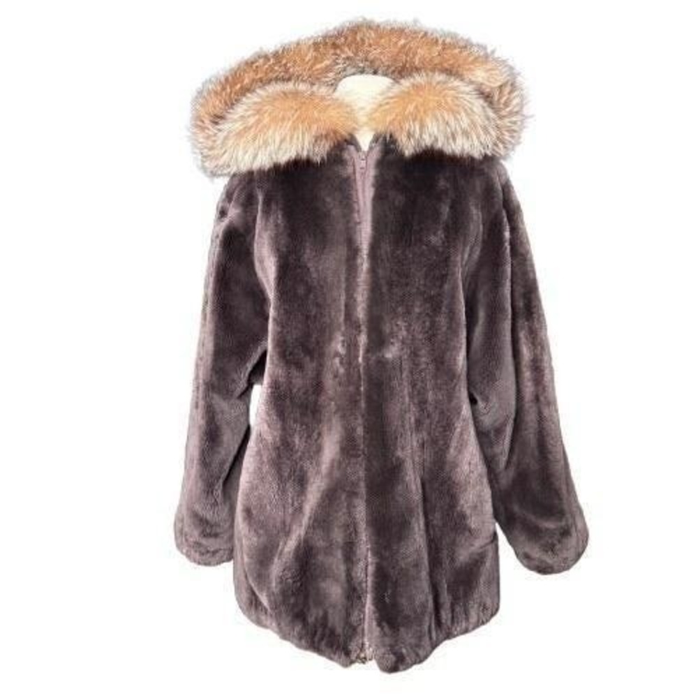 Vintage Genuine Shearling & Real Fur Hooded Coat - Chocolate Brown - Large